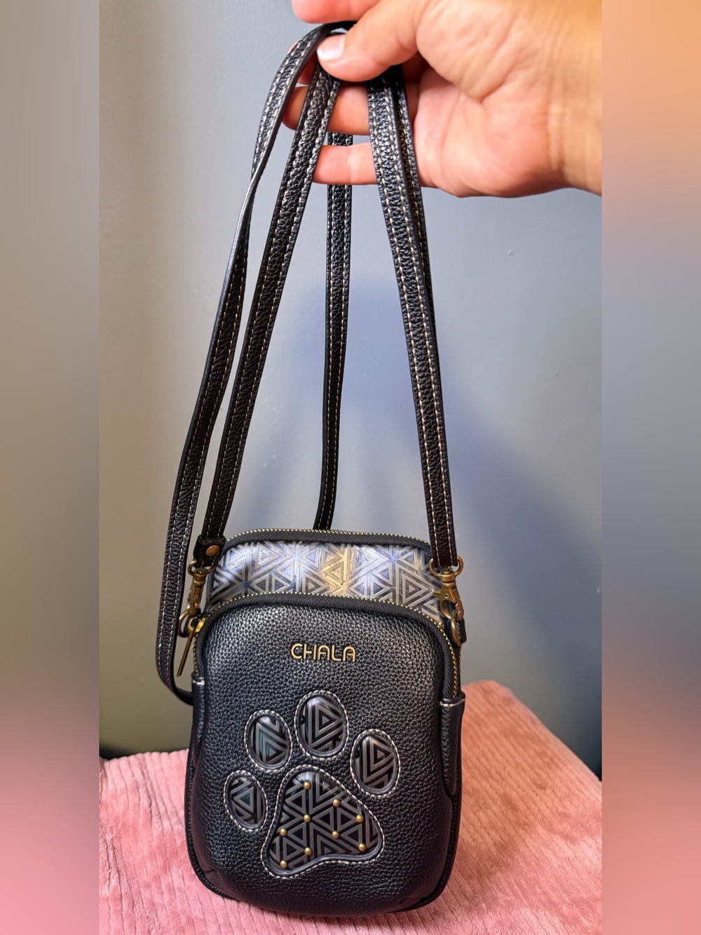 Chala Black Crossbody Bag with Geometric Paw Accent
